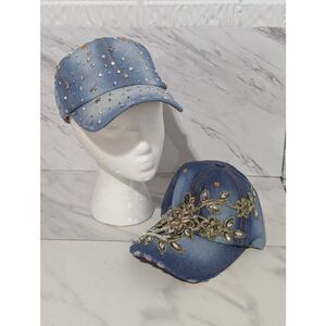Unbranded Women's Blue Vintage Bedazzled Distressed Bills Denim Ball Caps Adjust
